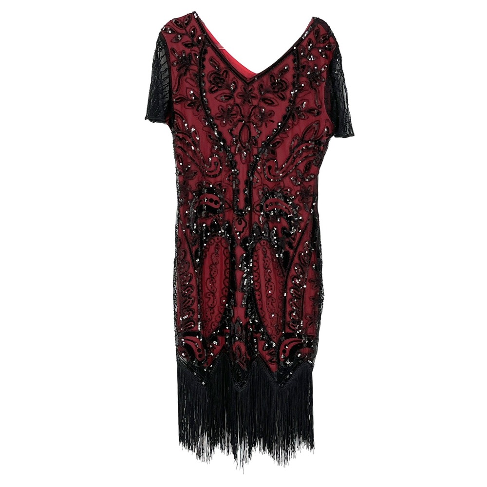 Fundaisy Womens 2X Red Black Flapper Dress Sequin Fringe Gatsby Costume Props